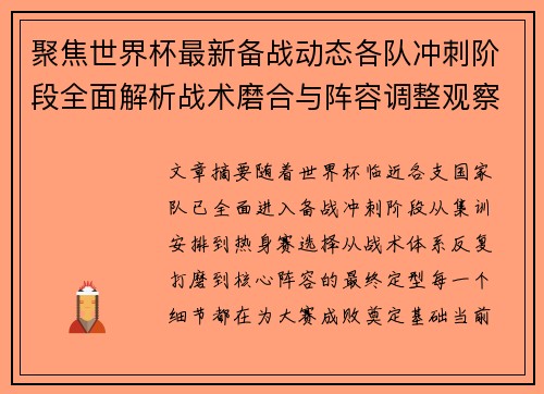聚焦世界杯最新备战动态各队冲刺阶段全面解析战术磨合与阵容调整观察